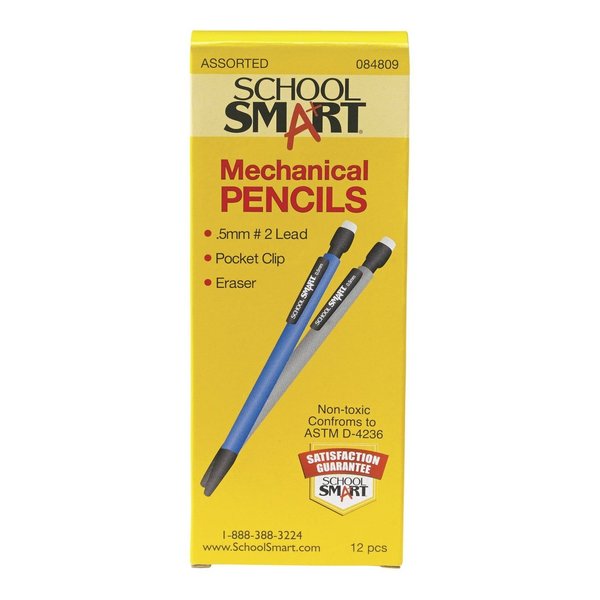 School Smart Mechanical Pencil with Eraser, 0.5 mm Tip, No 2 Lead, Assorted Colors, Pack of 12 PK MB1985-0.5MM